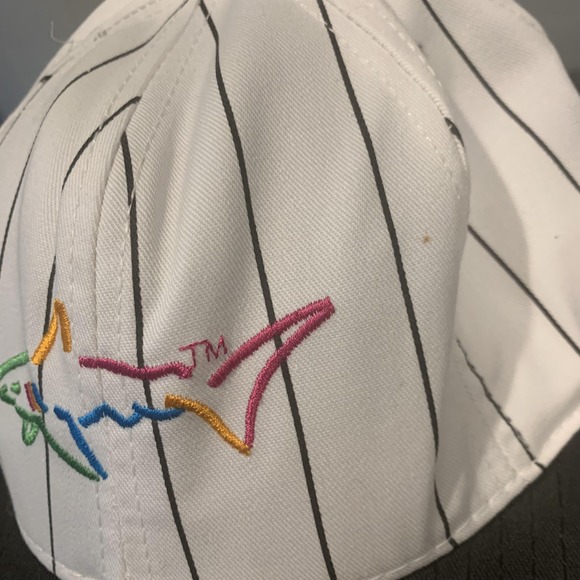 VTG Greg Norman Hat Cap Fitted Mens 7 3/8 White Black Pinstripe Golf Made in USA - Picture 2 of 11